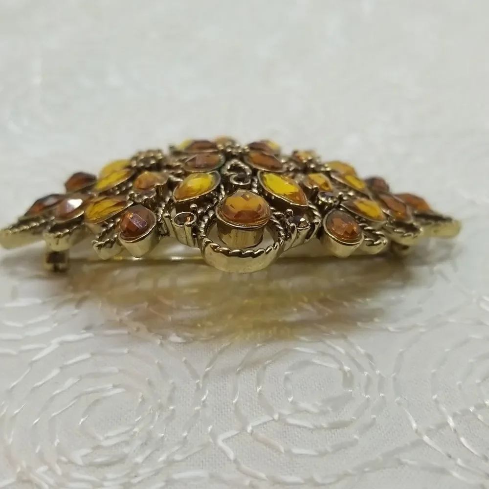 Monet Brooch Pin Crystal Brown  Gold Teardrop Round Oval Twisted Gold Brooch Pin